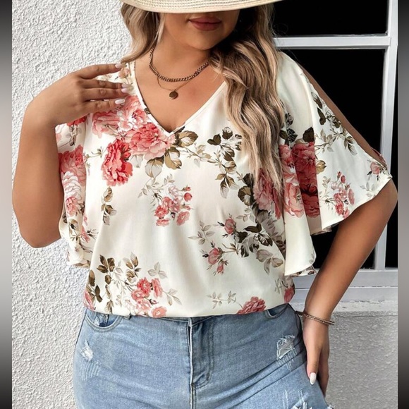 Boho Plus Size Floral Print Cut Out Cold Shoulder Top Blouse Shirt - Picture 4 of 7